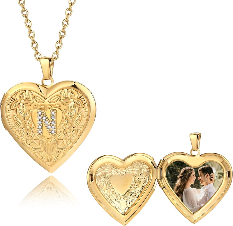 Badu Gold Initial A-Z Necklace for Women Heart Photo Lockets that Hold Picture Love Image Cubic Zirconia Necklace - Image 2